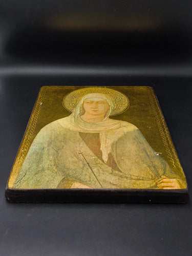 Vintage Virgin Mary Wood Icon Plaque Wall Art Byzantine Madonna Gold Gilt