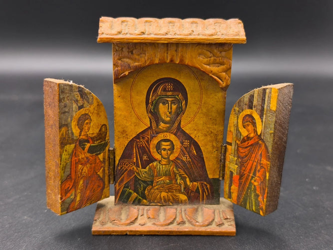 Antique Wooden Triptych Miniature Icon Virgin Mary Christ