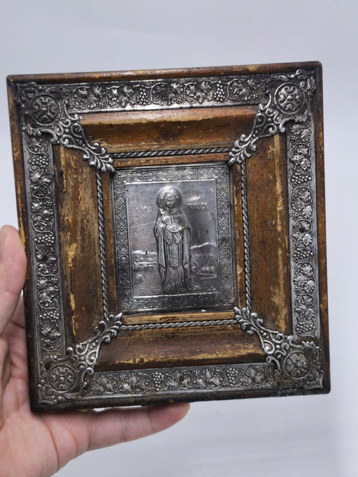 Vintage Silver Plated Saint Paraskevi Icon on Wooden Frame, Antique Greek Orthodox Wall Hanging Relief Art | 6.5x7.1 in
