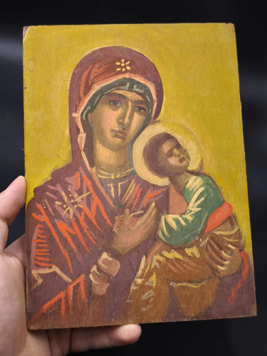 Vintage Hand Painted Orthodox Icon Virgin Mary & Child Jesus Wood Religious Art