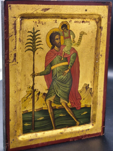 Vintage Saint Christopher Wood Icon Gold Leaf Greek Byzantine Orthodox