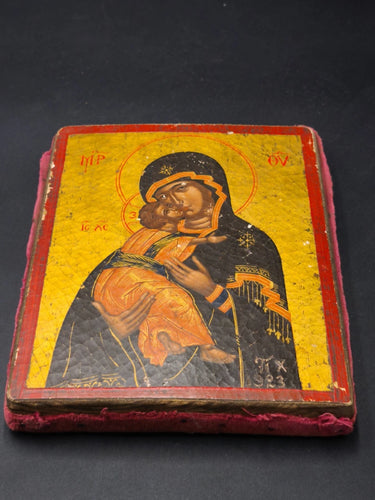 Rare 1923 Hand Painted Antique Greek Byzantine Icon Virgin Mary & Child Wood