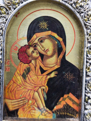 Vintage Greek Orthodox Icon Diptych Jesus Christ & Virgin Mary Red Wood Folding