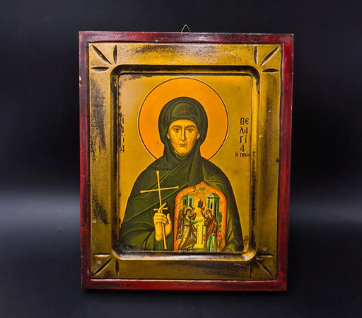 Greek Orthodox Wood Icon Saint Pelagia of Tinos Annunciation 9.5x7.5"