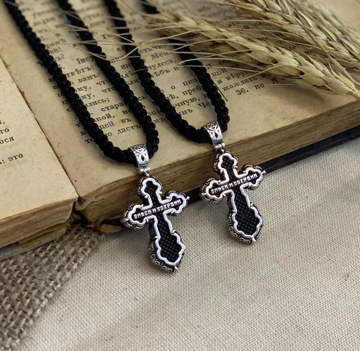 Hand-Carved Ebony Cross with 925 Sterling Silver and Necklace
