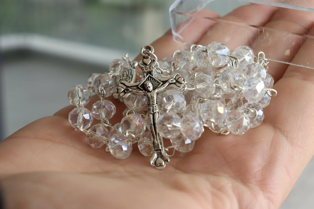White Necklace Jerusalem Catholic Beads Soil Crystals Holy Land Crucifix