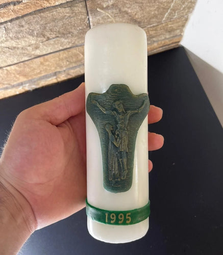 Vintage 1995 Christian Religious Pillar Candle – Crucifix Jesus Christ Art | 7.9"