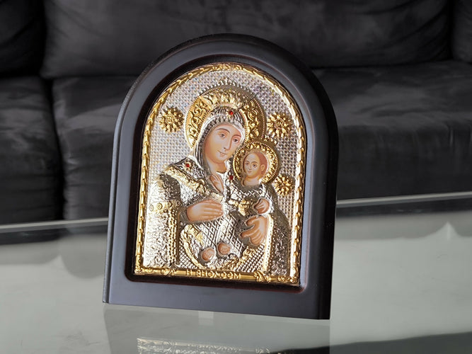 Icon Virgin Mary Bethlehem 4.33"Jesus Silver 950° Byzantine Wood Handicraft