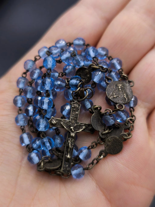 Vintage Blue Glass Rosary Beads Bronze Crucifix Catholic Religious Necklace