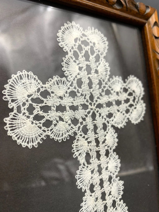 Vintage Framed Lace Cross Wall Art, Handcrafted White Crocheted Cross in Carved Wood Frame, Religious Home Decor, Christian Gift, 7.8" x 5.9"