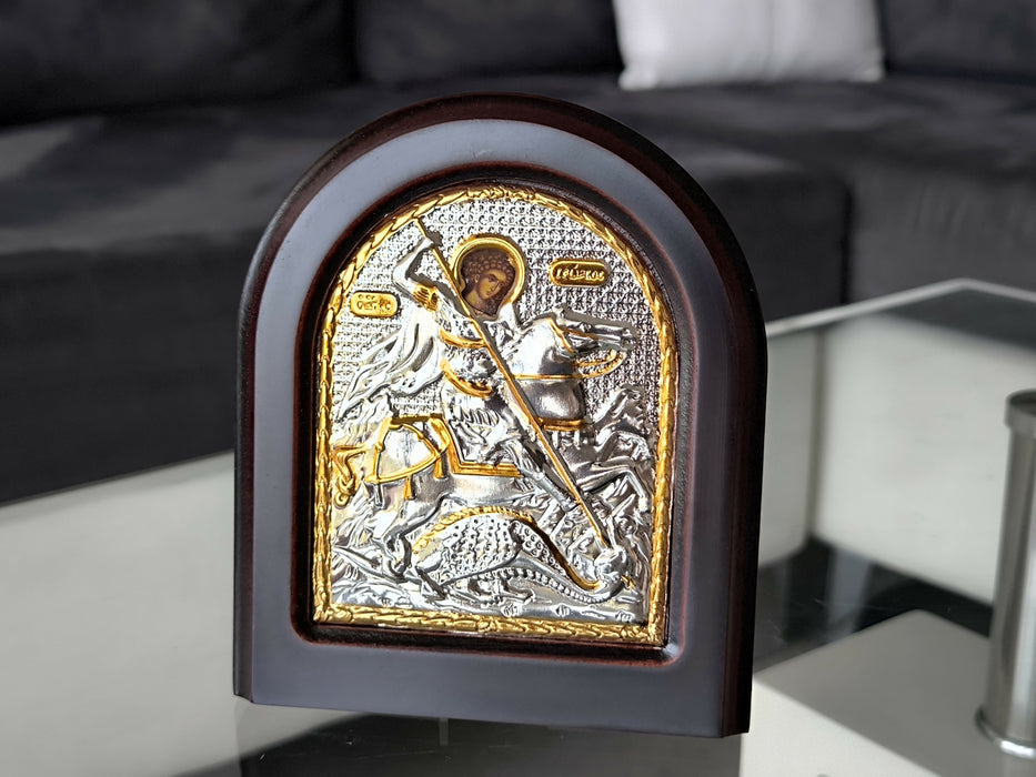 Saint George Icon 7.48" Silver 950° Religious Wood Handicraft Christianity