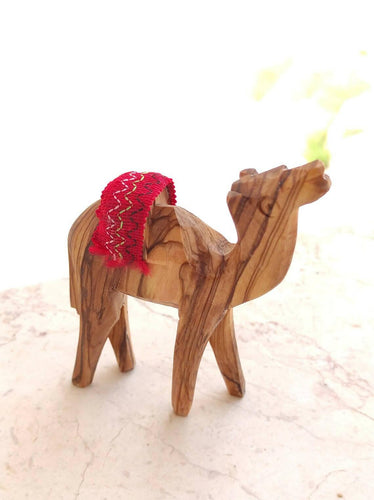 2 PCS Bethlehem Olive Wood Camel Statue Hand Carved in Holy Land Figurine Red Saddle