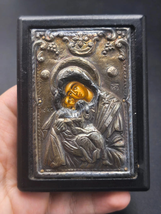 Vintage Greek Orthodox 950 Pure Silver Icon Virgin Mary & Child Byzantine Riza