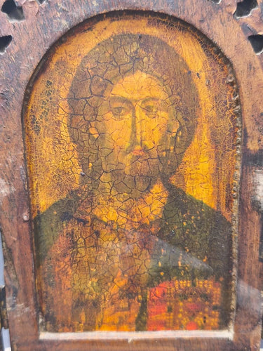 Antique Wooden Triptych Folding Icon Jesus Christ Apostles Orthodox Byzantine