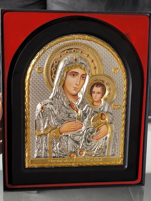 Jerusalem Virgin Mary 12.40"Jesus Icon Silver 950° Religious Wood Handicraft