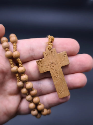 Vintage Hand Carved Wooden Rosary Necklace Natural Wood Beads INRI Cross 15"