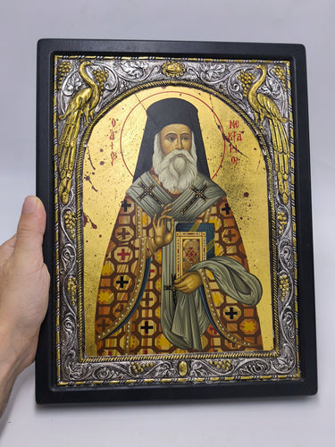 Saint Nectarios Orthodox Icon | Large Greek Byzantine Christian Art 950 Silver, Canvas & Wood Wall Plaque with Aegina Monastery Certificate