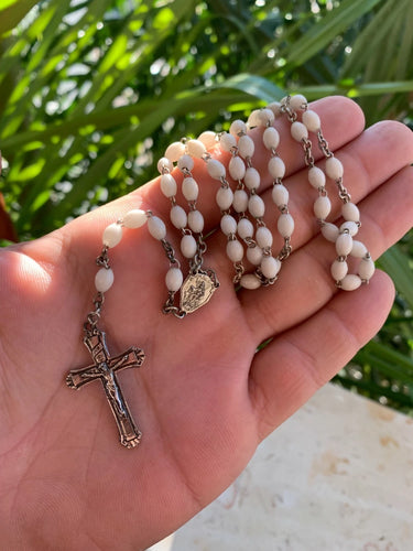 Vintage White Silver Rosary Mother-of-Pearl White Oblong Beads 1920s France †⭐