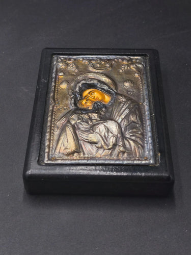 Vintage Greek Orthodox 950 Pure Silver Icon Virgin Mary & Child Byzantine Riza