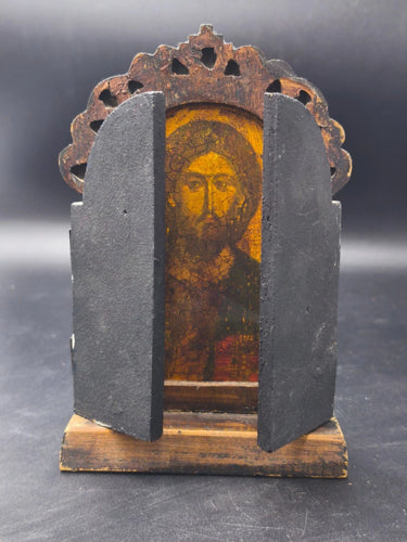 Antique Wooden Triptych Folding Icon Jesus Christ Apostles Orthodox Byzantine