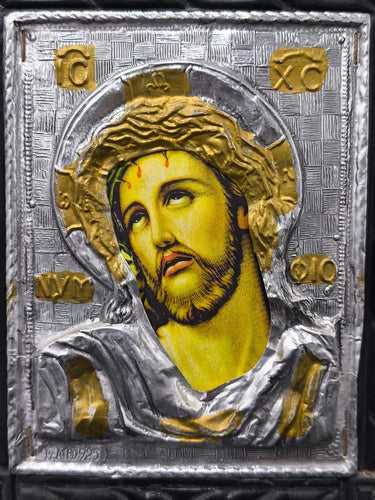 Vintage Greek Byzantine Holy Icon Jesus Christ Crown of Thorns Silver 925 & 24k Gold