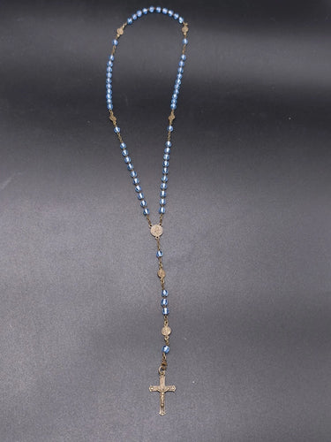 Vintage Blue Glass Rosary Beads Bronze Crucifix Catholic Religious Necklace