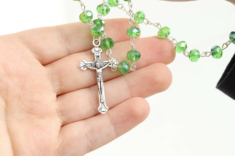 2pc Necklace Rosary Jerusalem Catholic Beads Soil Green Crystals Holy Land Crucifix