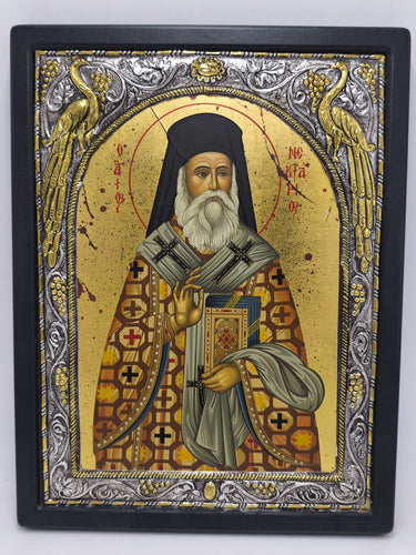 Saint Nectarios Orthodox Icon | Large Greek Byzantine Christian Art 950 Silver, Canvas & Wood Wall Plaque with Aegina Monastery Certificate