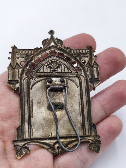 Antique Joan of Arc Mini Brass Shrine, Gothic Arch Picture Frame, Jeanne d'Arc Collectible Plaque, French Catholic Religious Home Decor