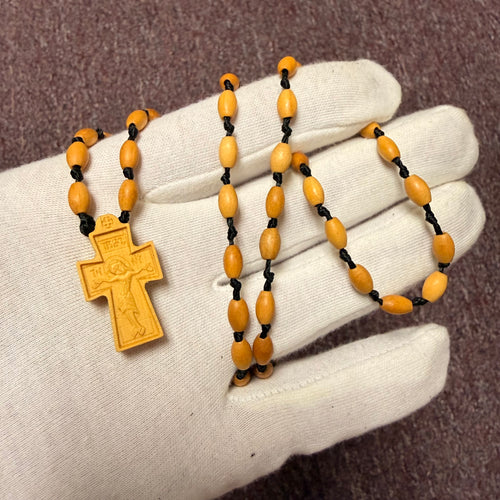 Hand-Carved Wooden Cross with Wooden Bead Cord (Made in Georgia)