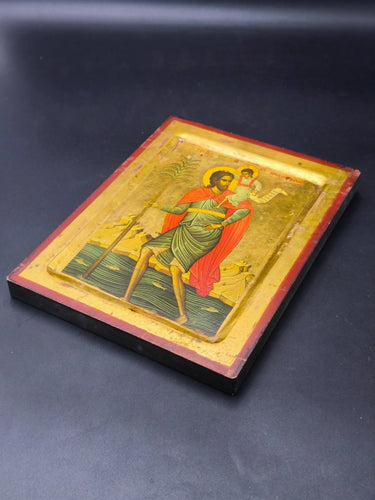 Vintage Saint Christopher Wood Icon Gold Leaf Greek Byzantine Orthodox