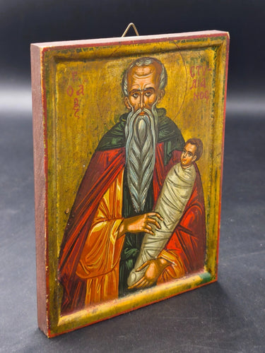 Vintage Hand-Painted Saint Stylianos Greek Orthodox Icon Wood Patron of Children