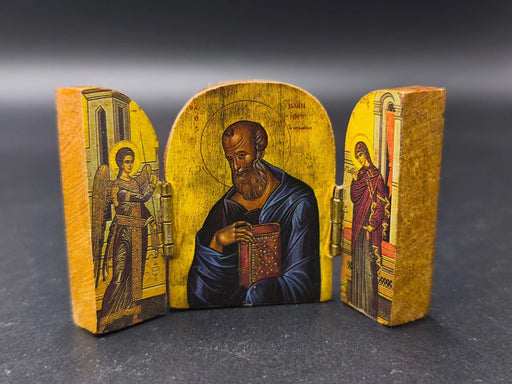 Antique Miniature Carved Wood Triptych Pocket Icon St John Orthodox Greek