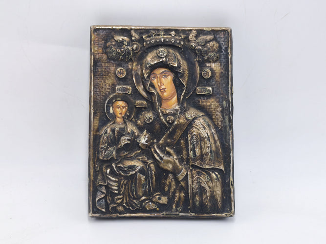 Vintage Greek Byzantine Icon Virgin Mary & Child, Handcrafted 950 Silver Riza Plaque, Mount Athos Greek Religious Wall Art