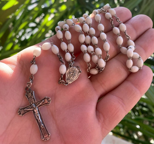 Vintage White Silver Rosary Mother-of-Pearl White Oblong Beads 1920s France †⭐