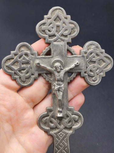 Antique Heavy Metal Hand Blessing Cross Jesus Crucifixion Relief 7.7" 5.3oz