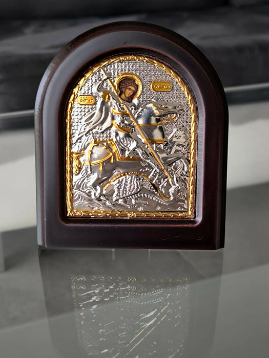 Saint George Icon 5.51" Silver 950° Religious Wood Handicraft Christianity