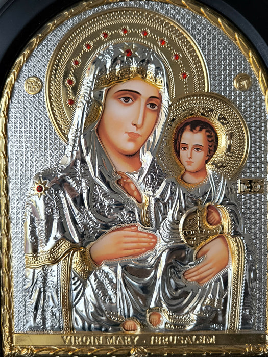 Virgin Mary Jerusalem 4.33"Jesus Icon Silver 950° Byzantine Wood Handicraft