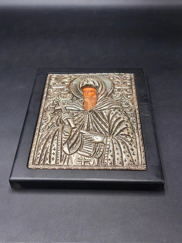 Vintage Greek Orthodox 950 Silver Icon Saint Anthony (Agios Antonios) Wood Base