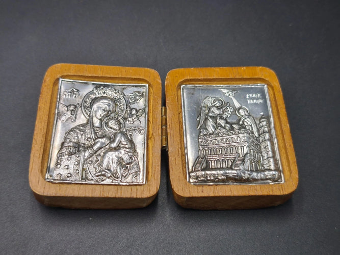 Greek Orthodox Vintage Pocket Diptych Icon Virgin Mary Annunciation Carved Wood Tinos