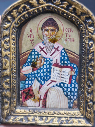 Vintage Greek Orthodox Diptych Folding Icon St Spyridon Virgin Mary Child Travel