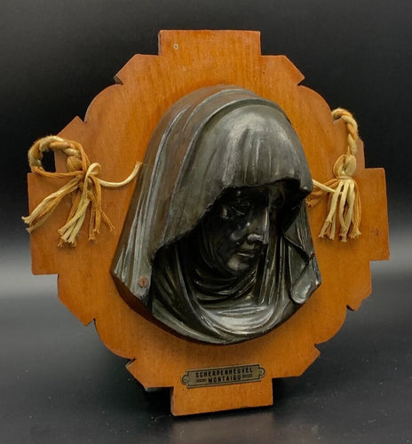 Vintage Scherpenheuvel Montaigu Religious Wall Plaque Bust Wood Metal 8.5"