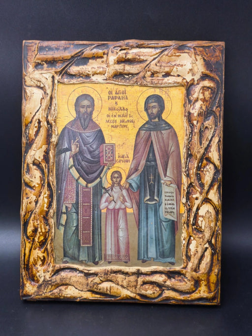 Greek Orthodox Icon Sts Raphael Nicholas Irene Lesbos Byzantine Wall Art 10x8"