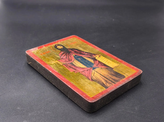 Vintage Byzantine Icon Saint Luke Handcrafted Wood Gold Paper Certificate Greek