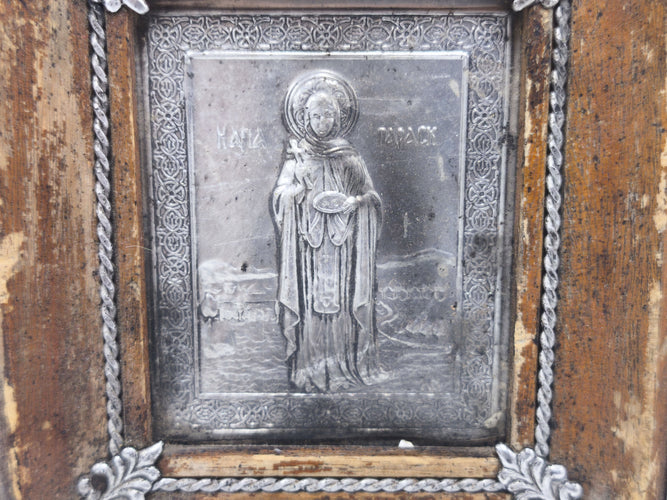 Vintage Silver Plated Saint Paraskevi Icon on Wooden Frame, Antique Greek Orthodox Wall Hanging Relief Art | 6.5x7.1 in