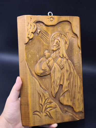 Vintage Carved Wood Jesus Praying Relief Wall Plaque Greek Icon Signed 11" Art