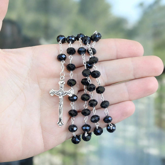 2 pc Rosary Necklace Jerusalem Catholic Beads Soil Black Crystals Holy Land