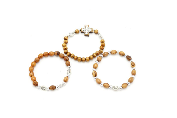 3 pc Bracelet set Hand Made Olive Wood Jerusalem Holy Land Blessed Icon