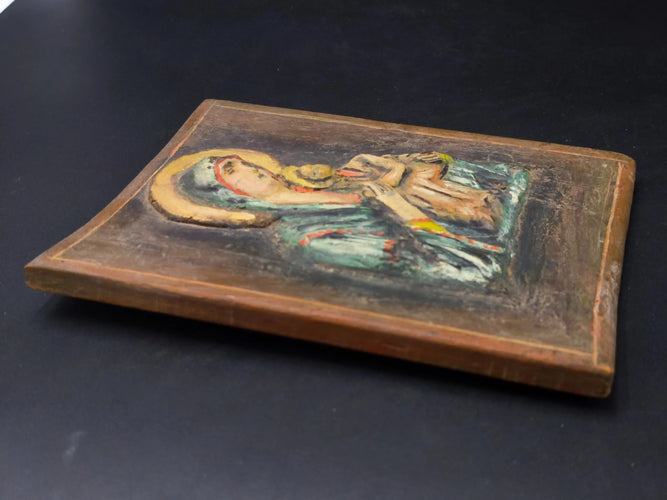 Vintage Handmade Relief Icon Madonna & Child Virgin Mary Wall Plaque Wood Base