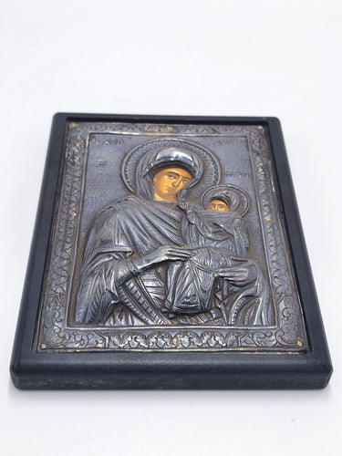 Greek Byzantine Icon of Virgin Mary & Baby Jesus | 950 Pure Silver Orthodox Christian Art | Home Altar Wall Hanging | 7.9x6.1 in
